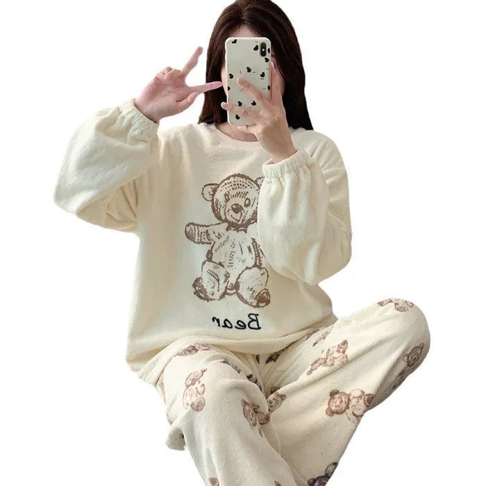 Women's warm loungewear outer wear suit in light purple with long sleeve pullover top and matching trousers