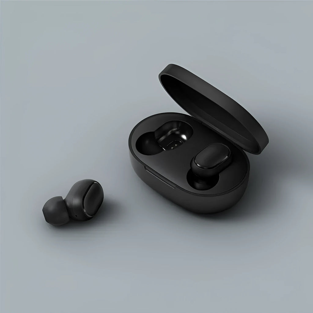 Redmi AirDots 2 black true wireless earphones and charging case on a white background.