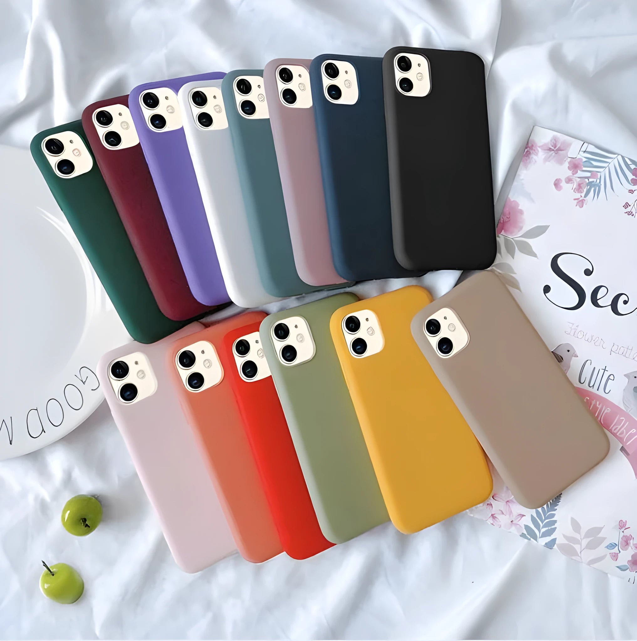 Frosted matte soft shell phone case for Apple iPhone, shown in multiple colours including black and blue.