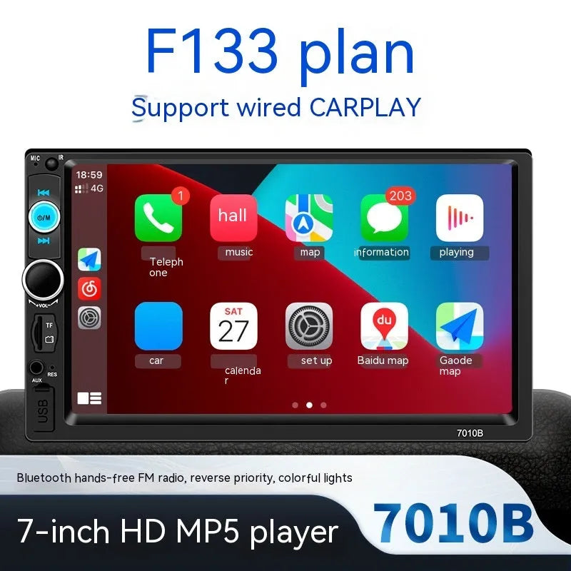 Front view of a 7-inch HD Bluetooth car stereo unit with touchscreen display