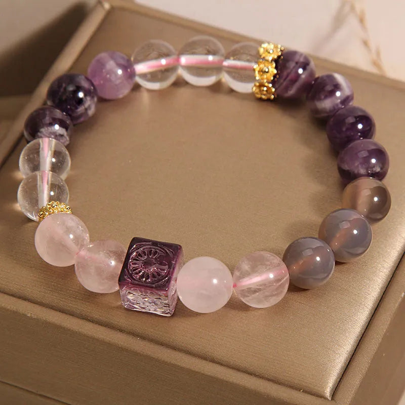 Women's natural amethyst crystal bracelet with purple colour and 10mm rhinestone accents
