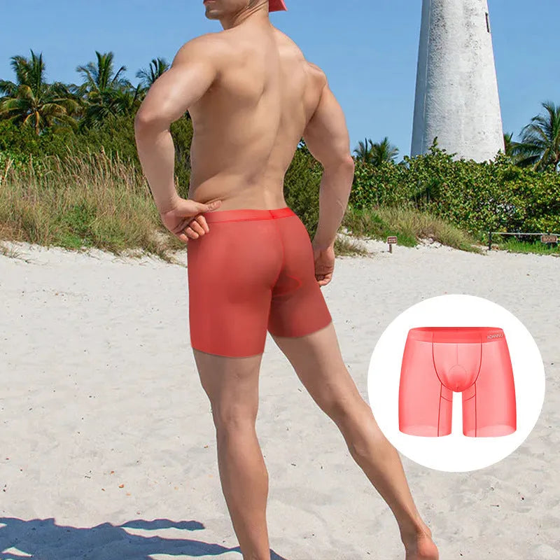 Men's low waist ice silk boxers in solid orange, pink, or red colour on a size chart.