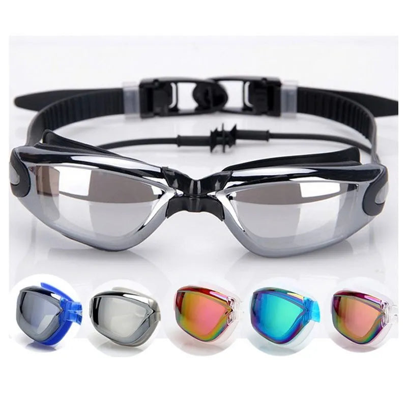 Swimming goggles with polycarbonate PC anti-fog lens and silicone strap in blue