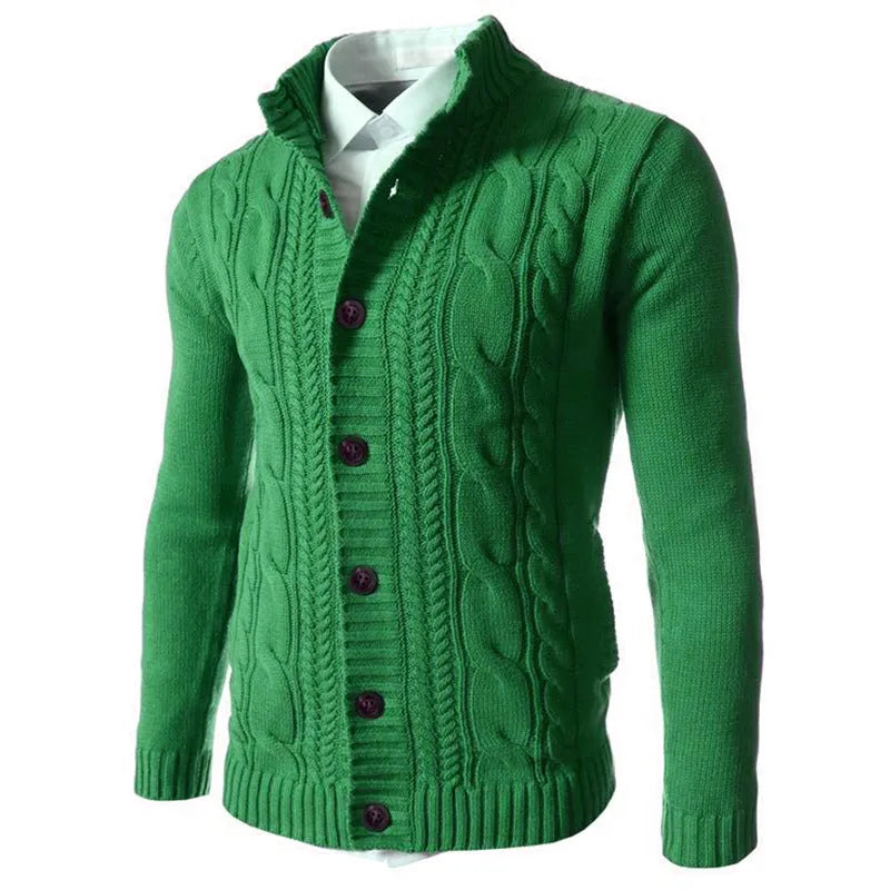 Men's stand collar acrylic knit cardigan, long sleeve, button front, ribbed hem, in black, blue, green, grey, and red