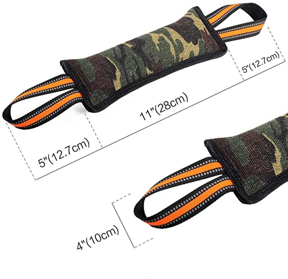 Long yellow-edged jute dog bite stick with reflective strips for tug training.