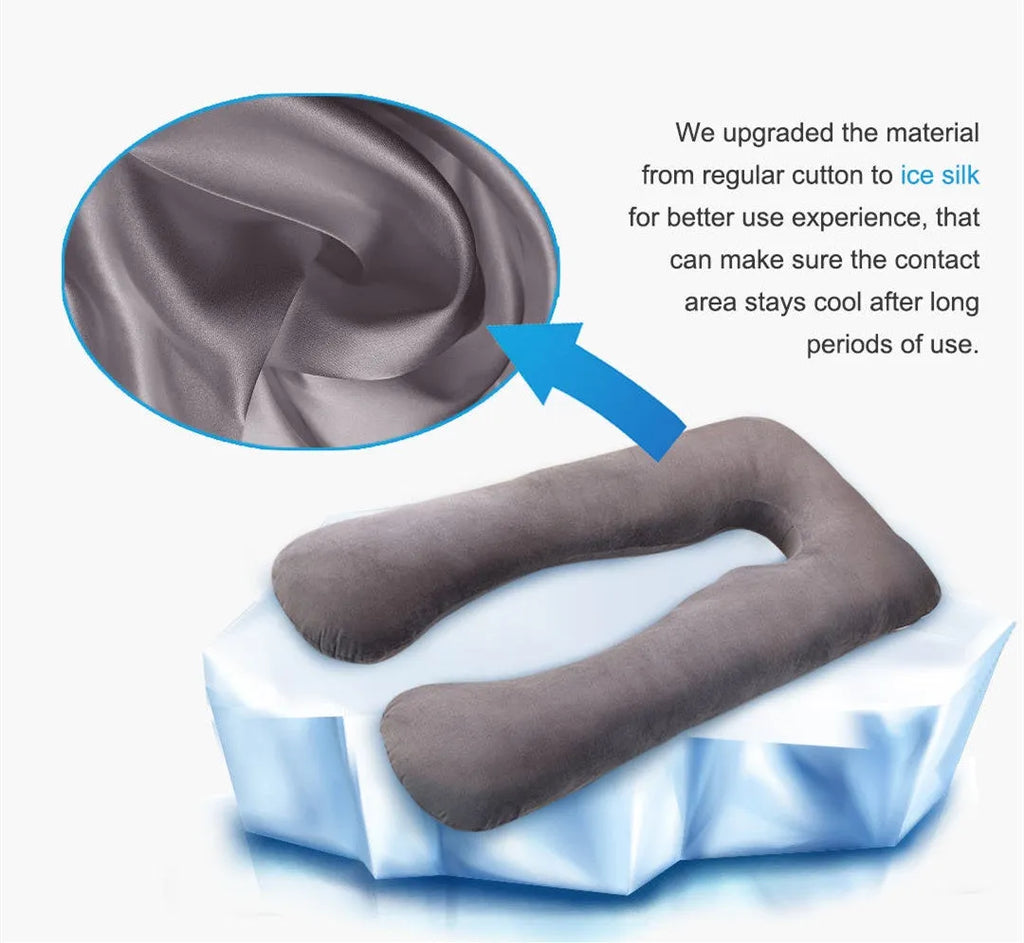 U-shaped pregnancy pillow in ice silk fabric shown in light blue colour, demonstrating its supportive shape.