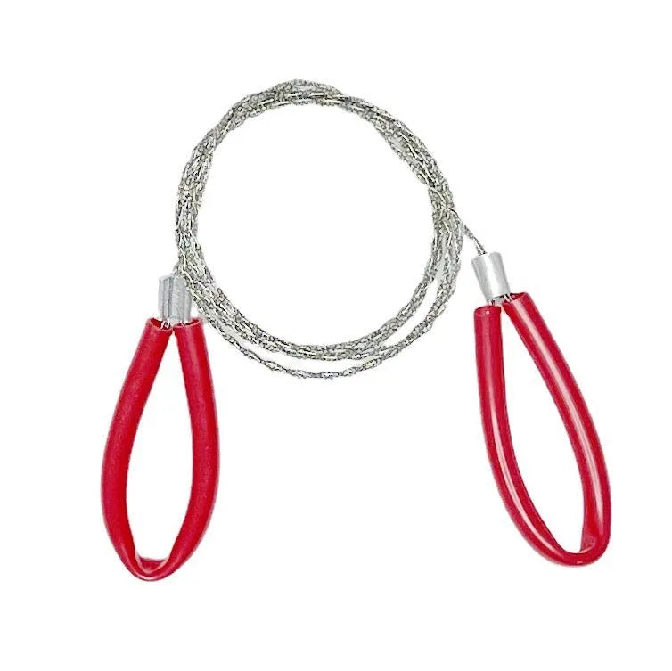 Outdoor survival wire saw with black leather hand case and coiled stainless steel cutting wire.