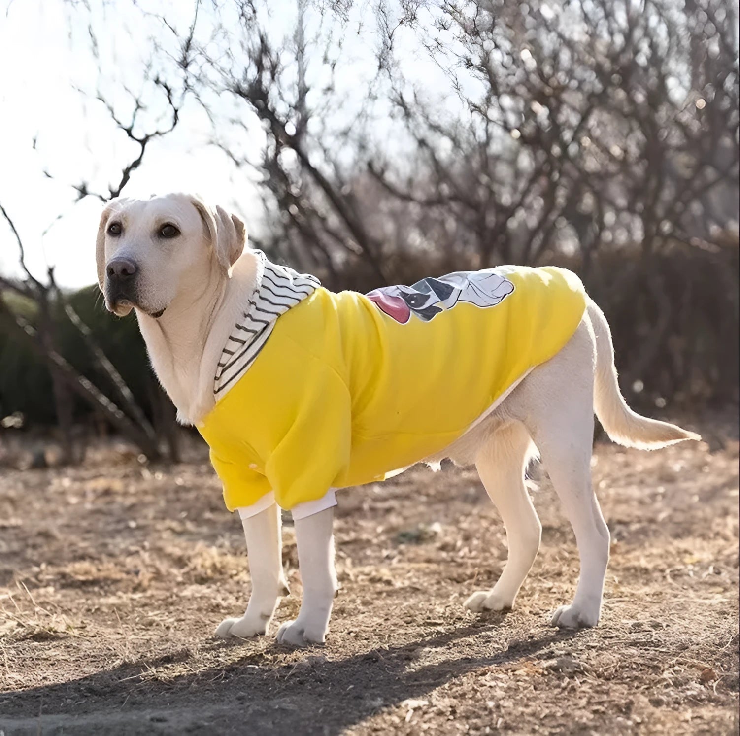 Dog wearing a polyester two-legged sweatshirt in blue, with back length and chest size measurements visible.