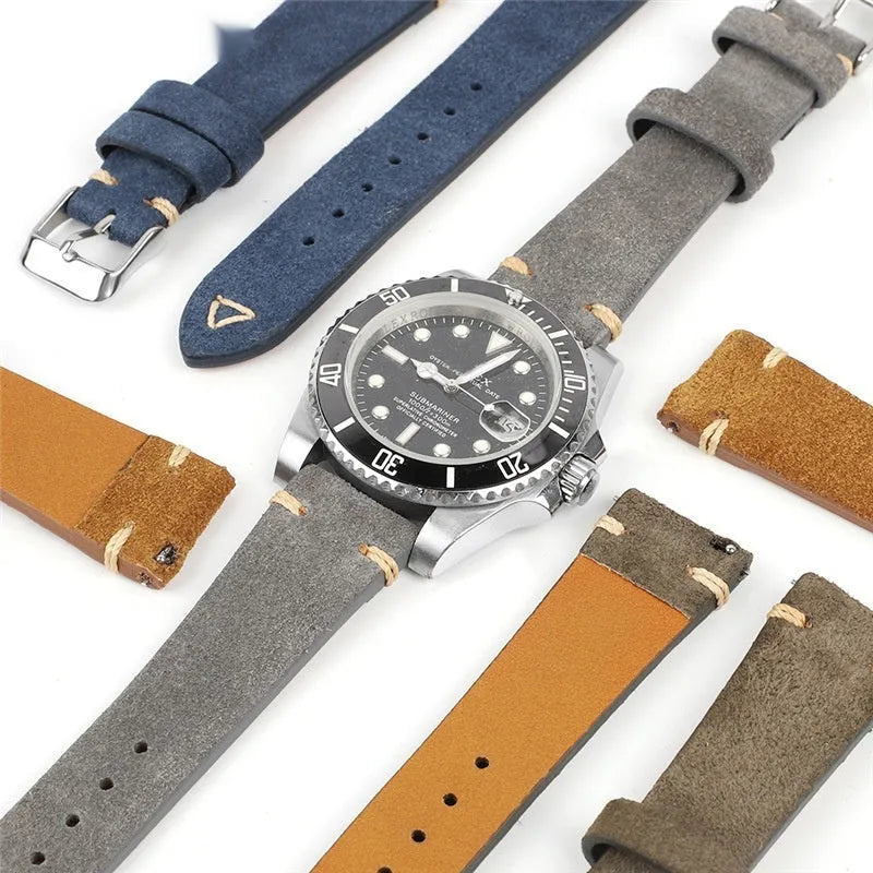 Genuine suede leather watch strap in army green with ethnic styling