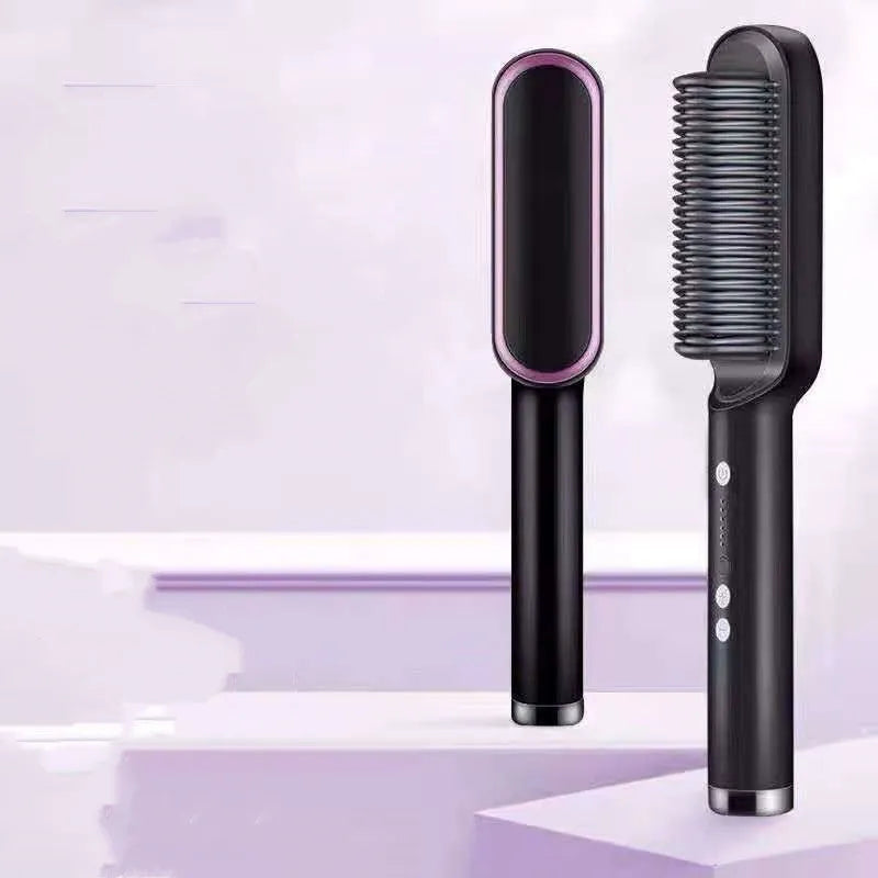 Red and black dual-function 2-in-1 hair straightener and curling tong hot comb on a white background