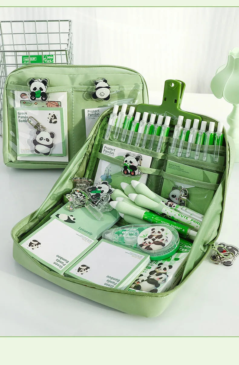 Green canvas pencil case with 12-layer compartmentalised design showing panda-themed Korean style elements