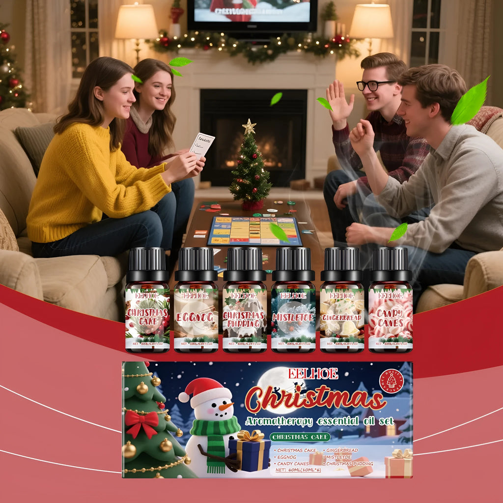 Christmas aromatherapy oil gift set showing six bottles including one large 60ml bottle.