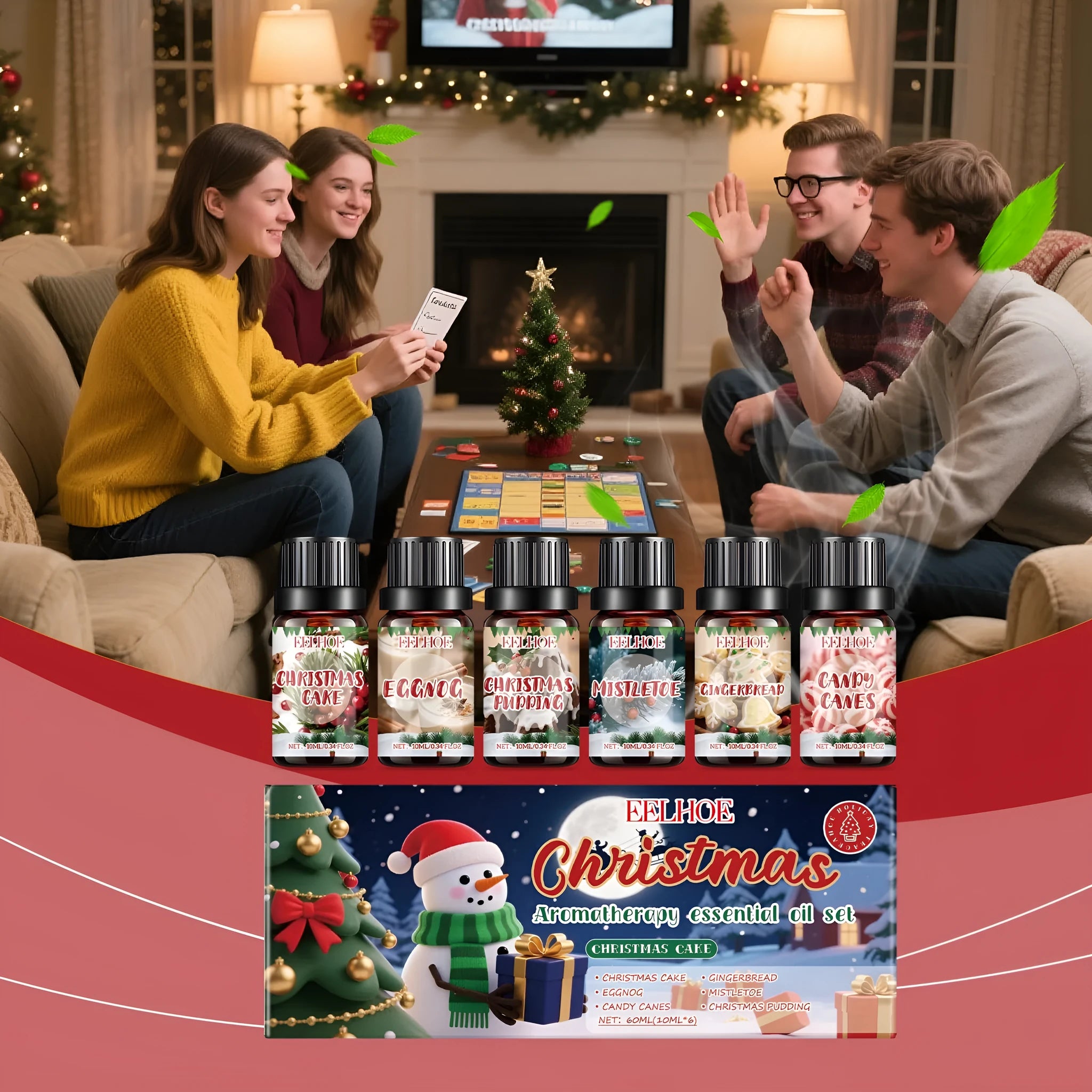 Christmas aromatherapy oil gift set showing six bottles including one large 60ml bottle.
