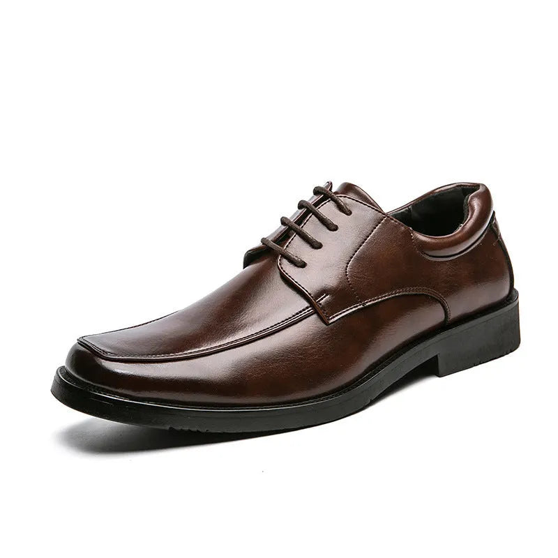 Men's black square toe business casual shoes with artificial PU leather upper and rubber sole