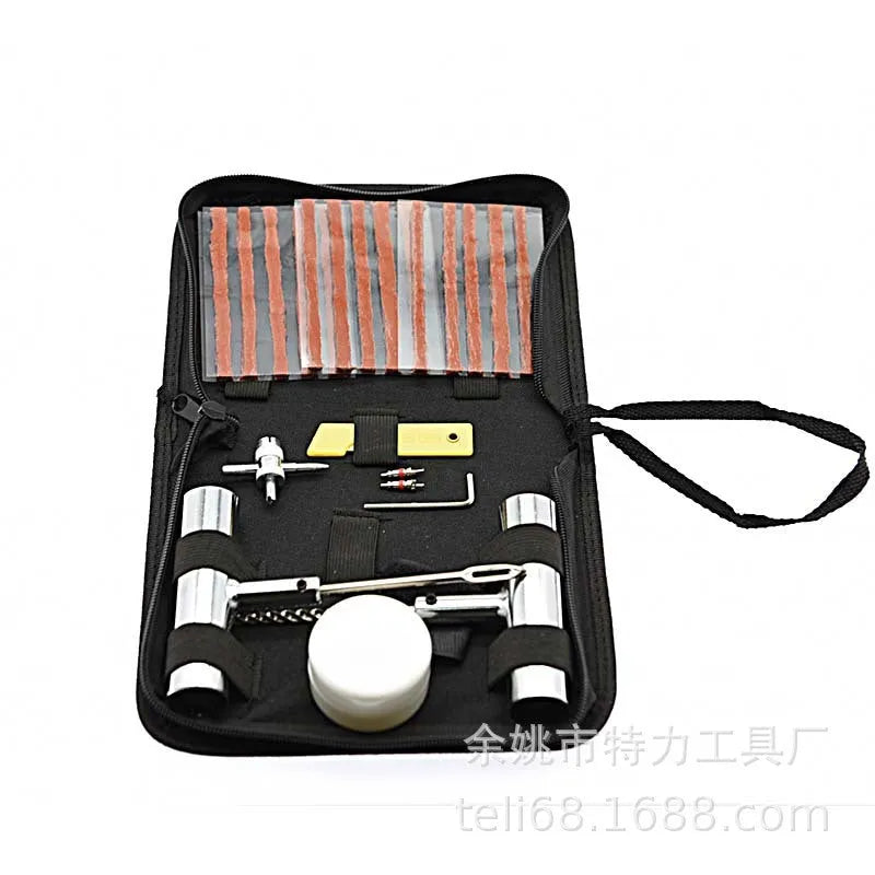 43-piece tyre repair kit in cloth bag with 45 steel case measuring 32x20x5cm