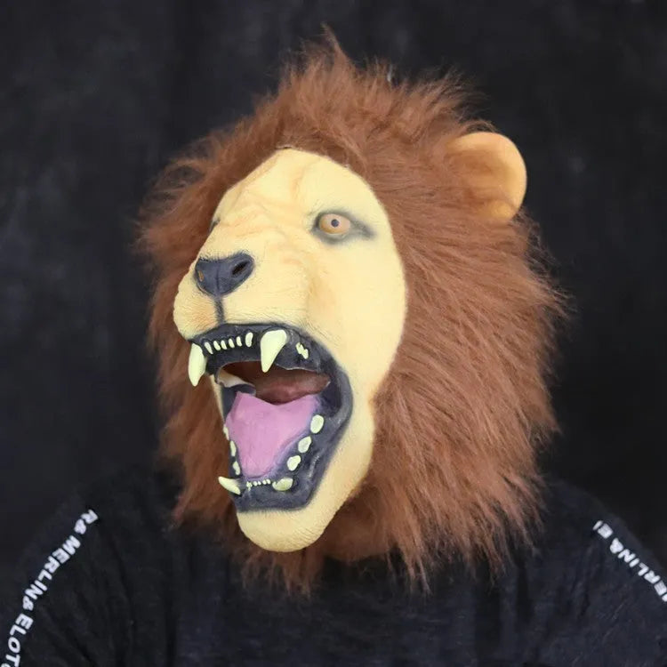 Open mouth lion latex Halloween mask in realistic animal style for adult costume parties
