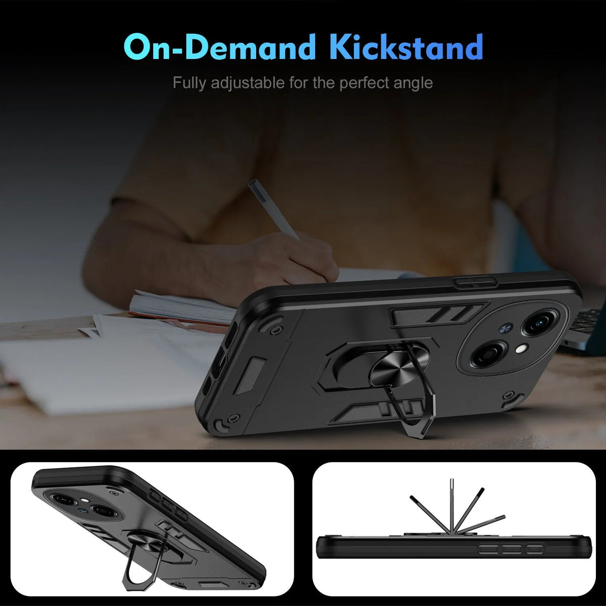 PC phone case with 360 bracket for Tecno models in black, blue, and green, back cover with anti-fall airbag corners