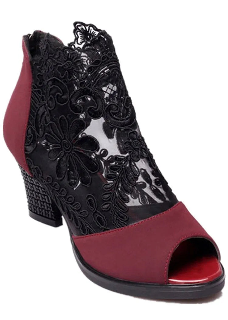 Lucyever women's black gladiator sandals with flower lace, peep toe, square heel, and side zip.