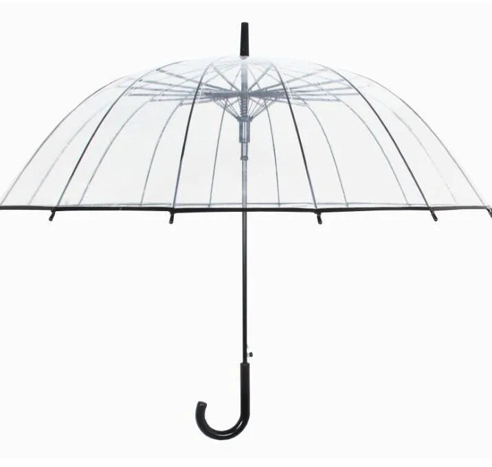 Transparent umbrella with long handle showing 16 rib construction and large canopy
