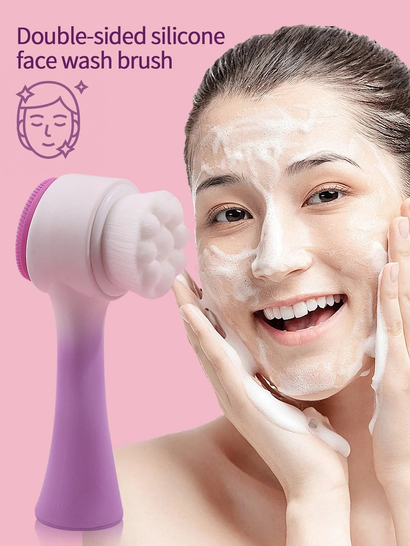 Facial brush set with coral fleece headband and nylon bristles in purple, grey, white or pink