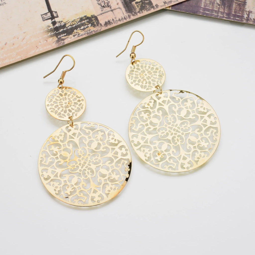 Women's round hollow gold dangle drop earrings in zinc alloy, 4.5 by 8 centimetre size