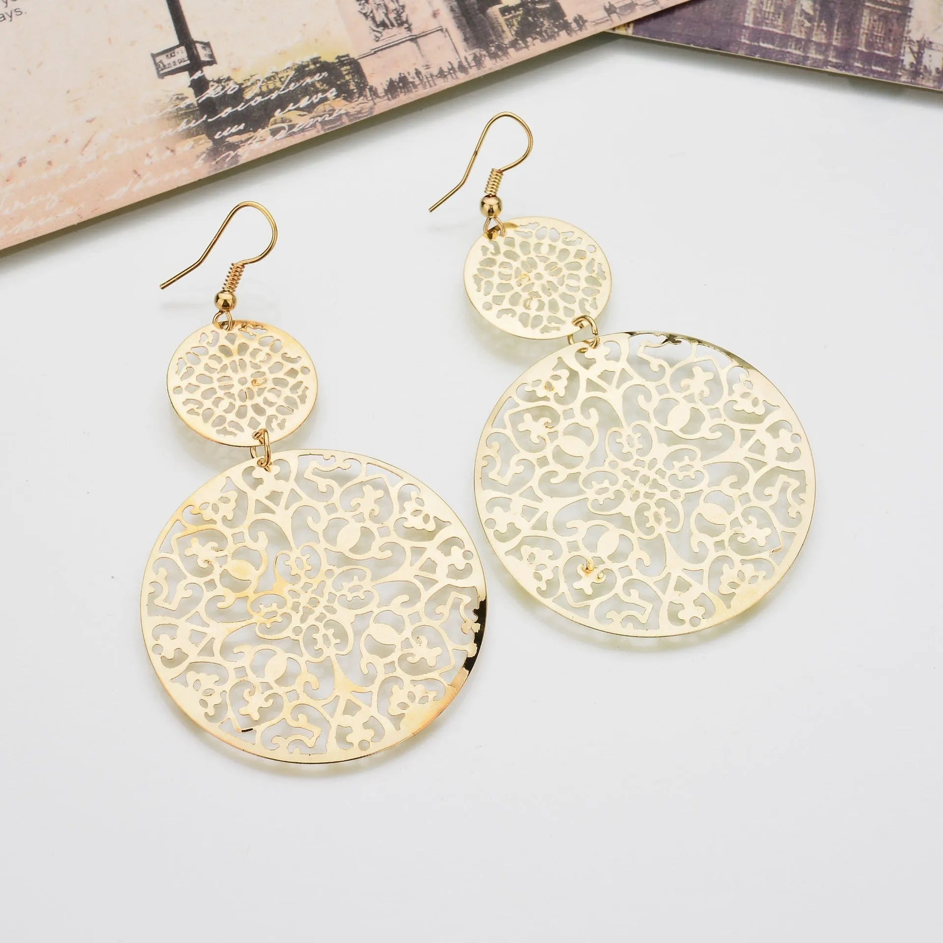Women's round hollow gold dangle drop earrings in zinc alloy, 4.5 by 8 centimetre size