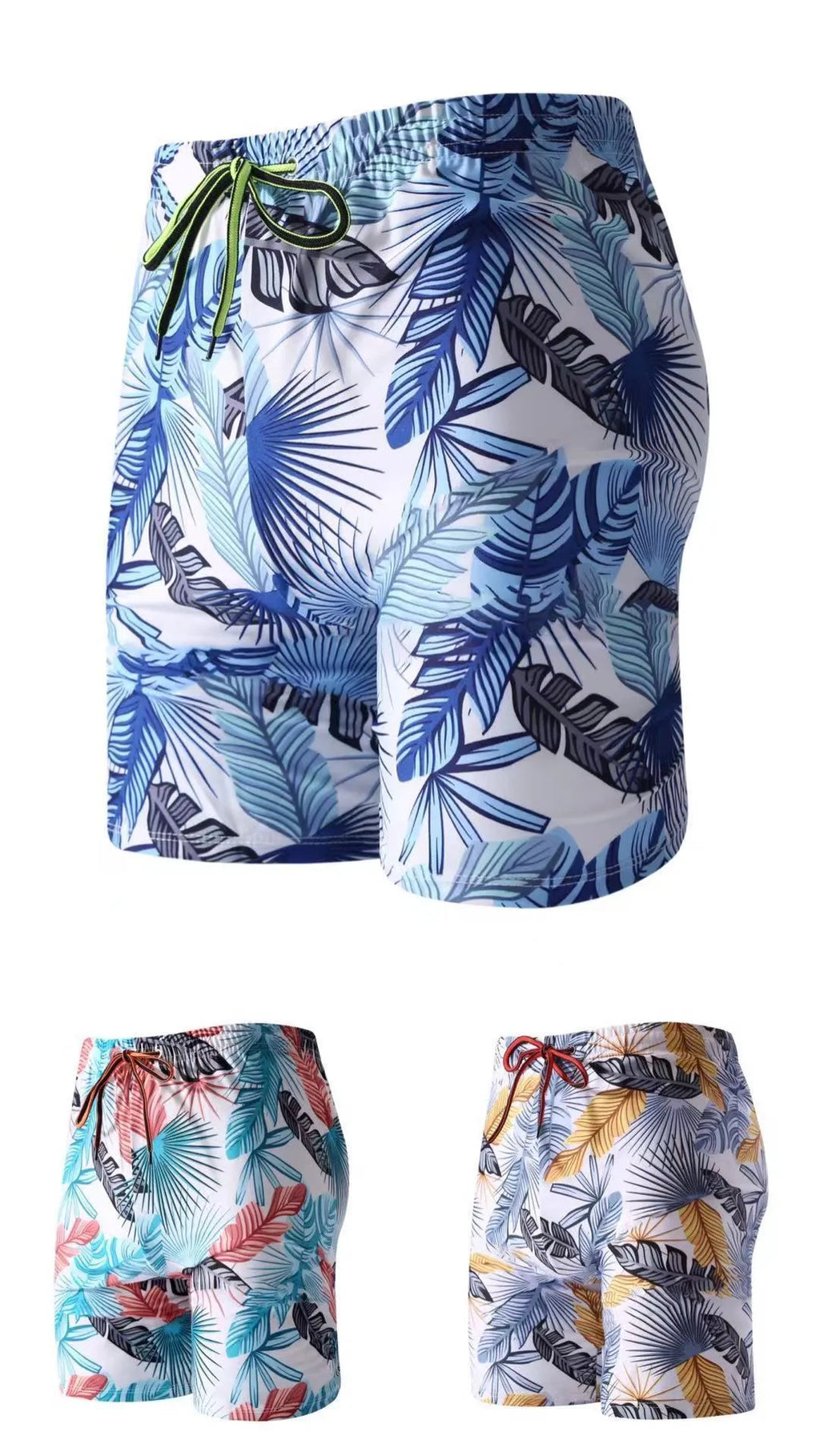 Men's cropped swimming trunks in a blue leaf pattern, made from polyester and spandex blend.
