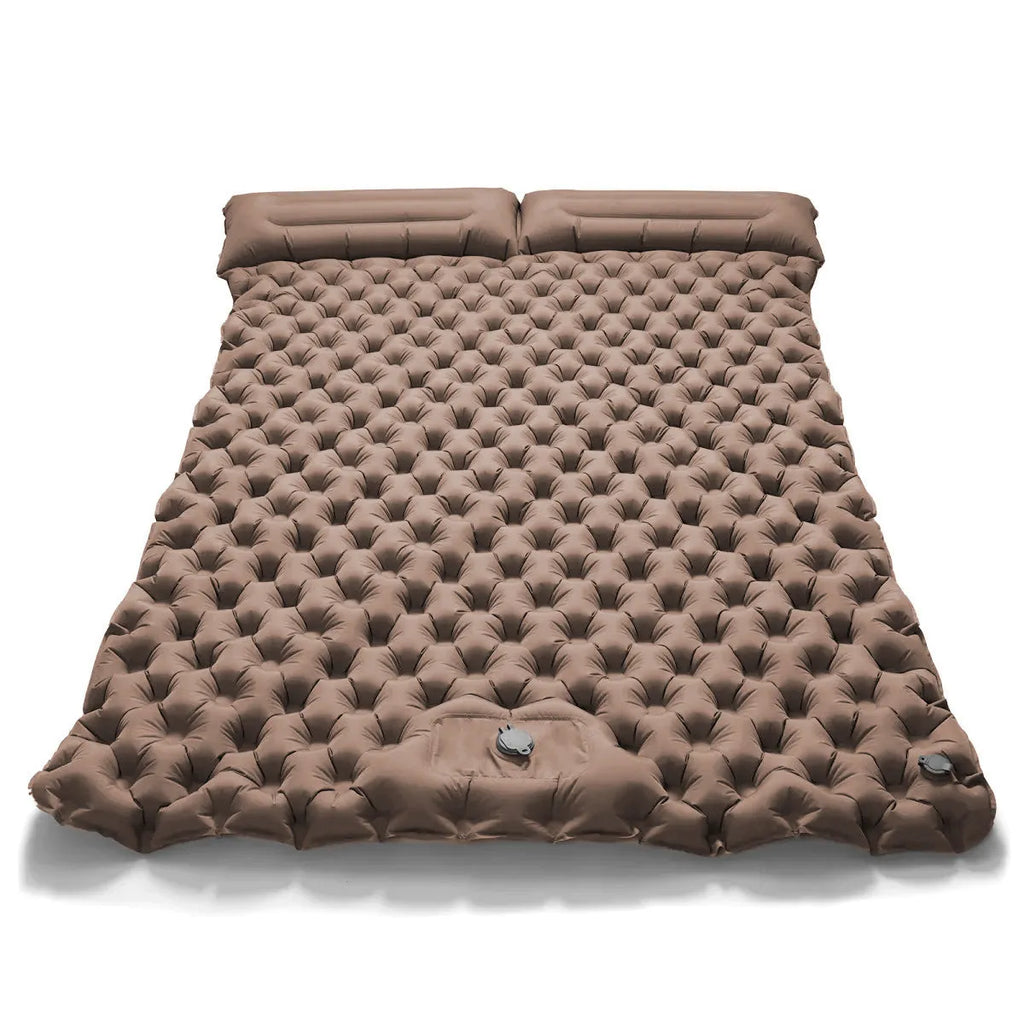 Double camping air mattress inflated, showing widened design and colour options including army green and dark blue.