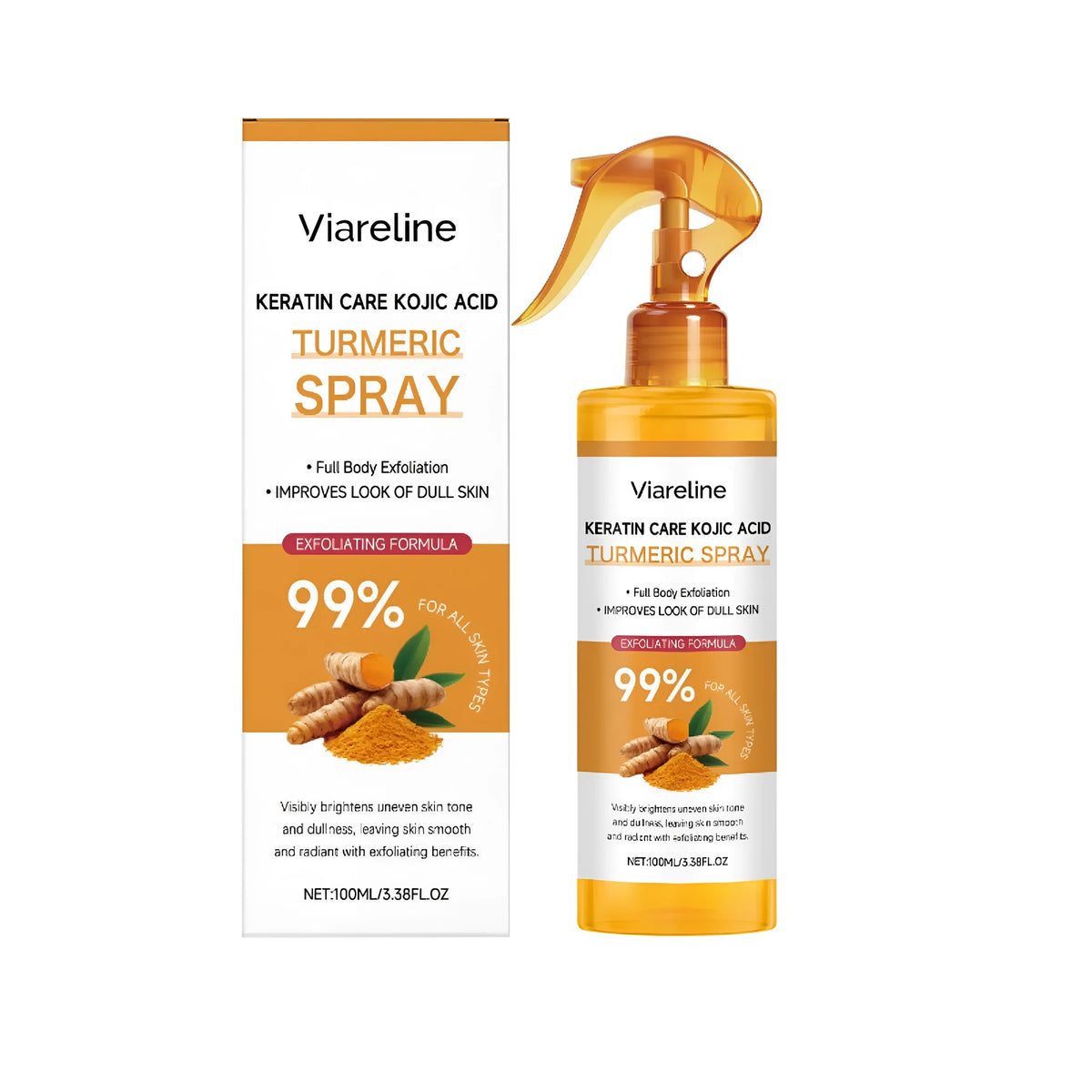 Turmeric Exfoliating Spray 100ml bottle with salicylic acid and kojic acid for face and body exfoliation