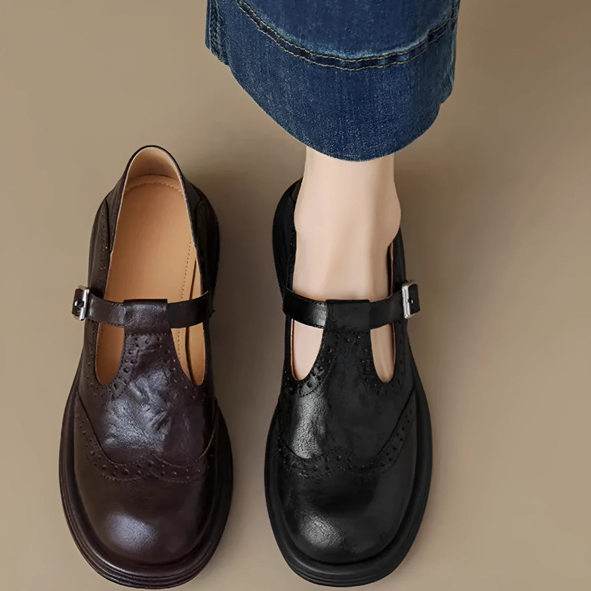 Women's sheepskin hollow flower loafers, round toe, T-strap, brown or black, mid heel 3-5cm, sizes 35-40