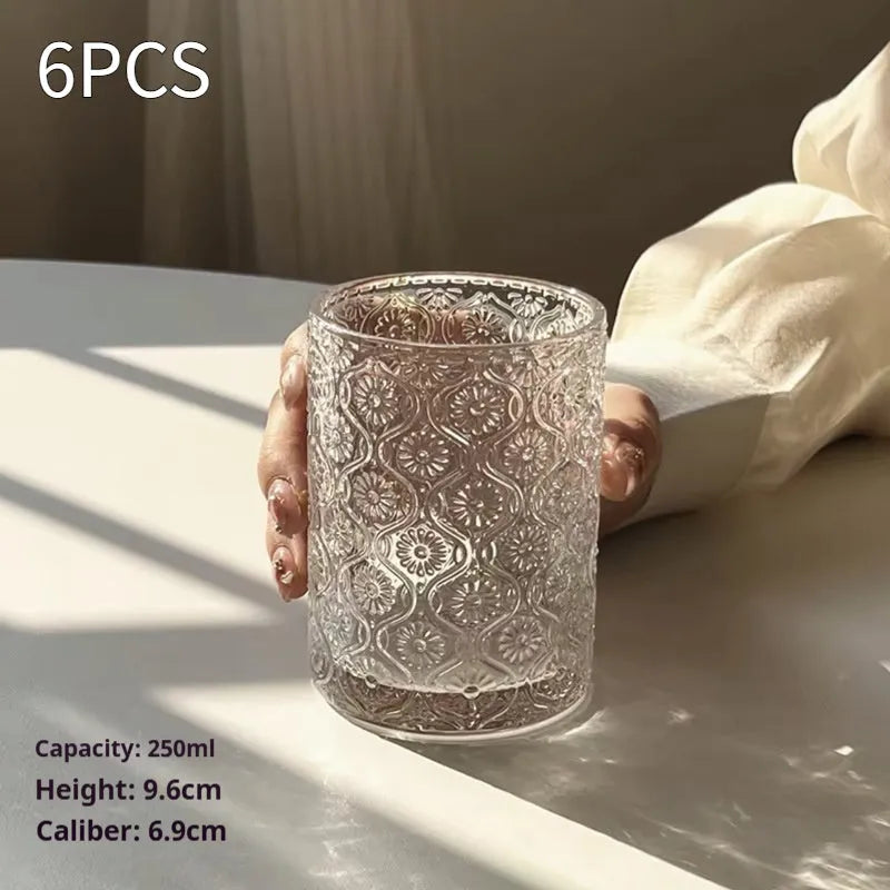 Begonia carved pattern glass water cup in two sizes: short 250ml and tall 380ml versions