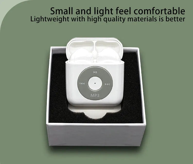White wireless Bluetooth earphones with semi-in-ear design and a charging case.