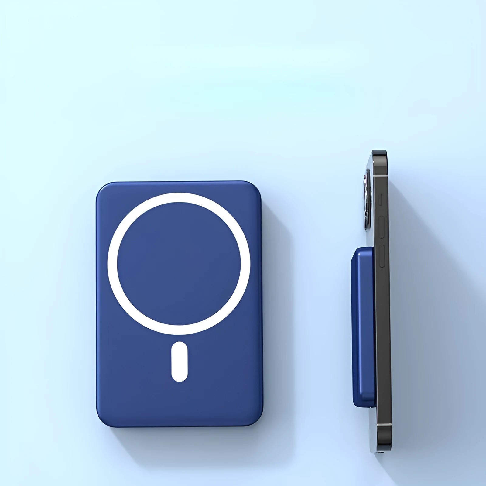 Ultra-thin portable power bank with magnetic wireless charging for iPhone in black, blue or white colours