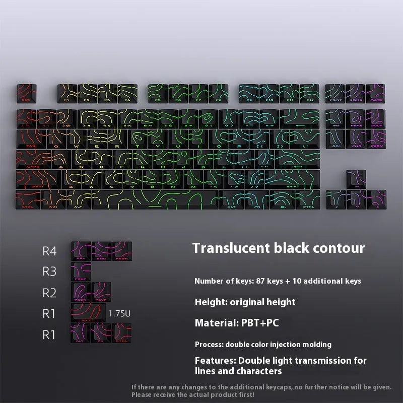 Black mechanical keyboard key cap set with contour line crack pattern and luminous characters, 85 x 150mm