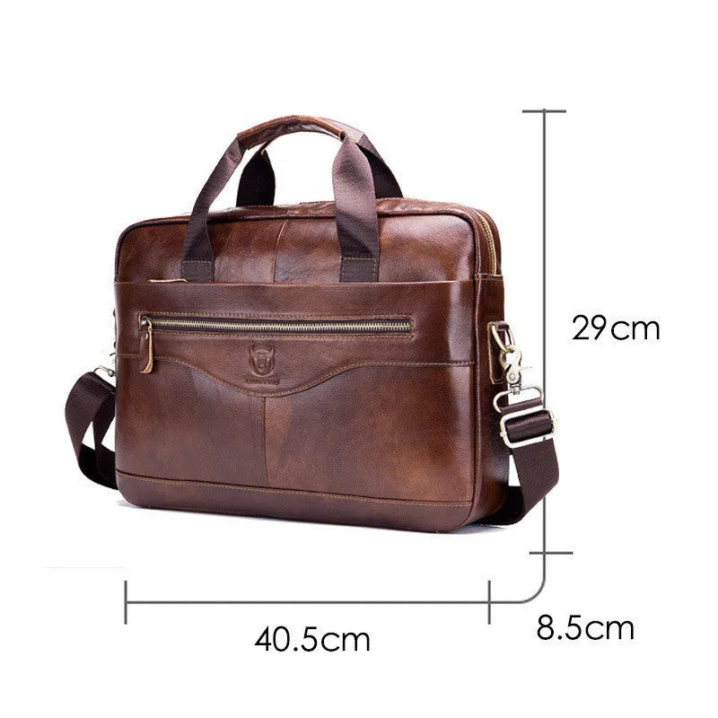 Bullcaptain 044 brown top grain cowhide leather briefcase with computer pocket, 44cm wide, on a plain background