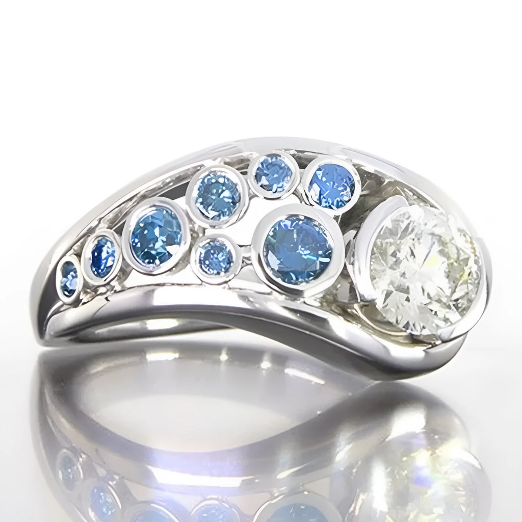 Geometric hollow diamond-inlaid zircon ring for women white gold colour copper retro round