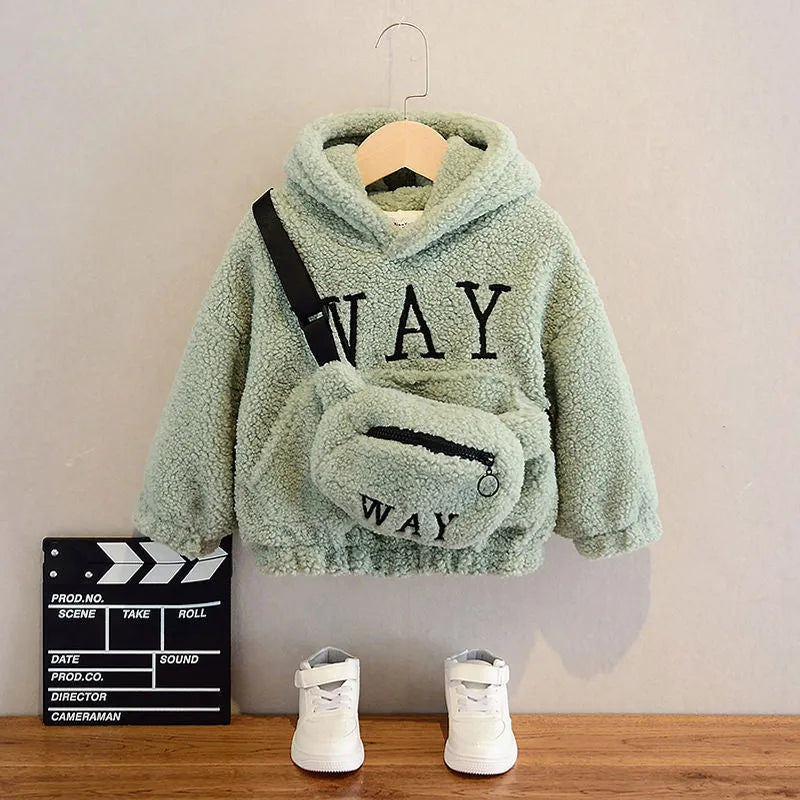 Children's beige fleece jacket with hood featuring cartoon print and long sleeves