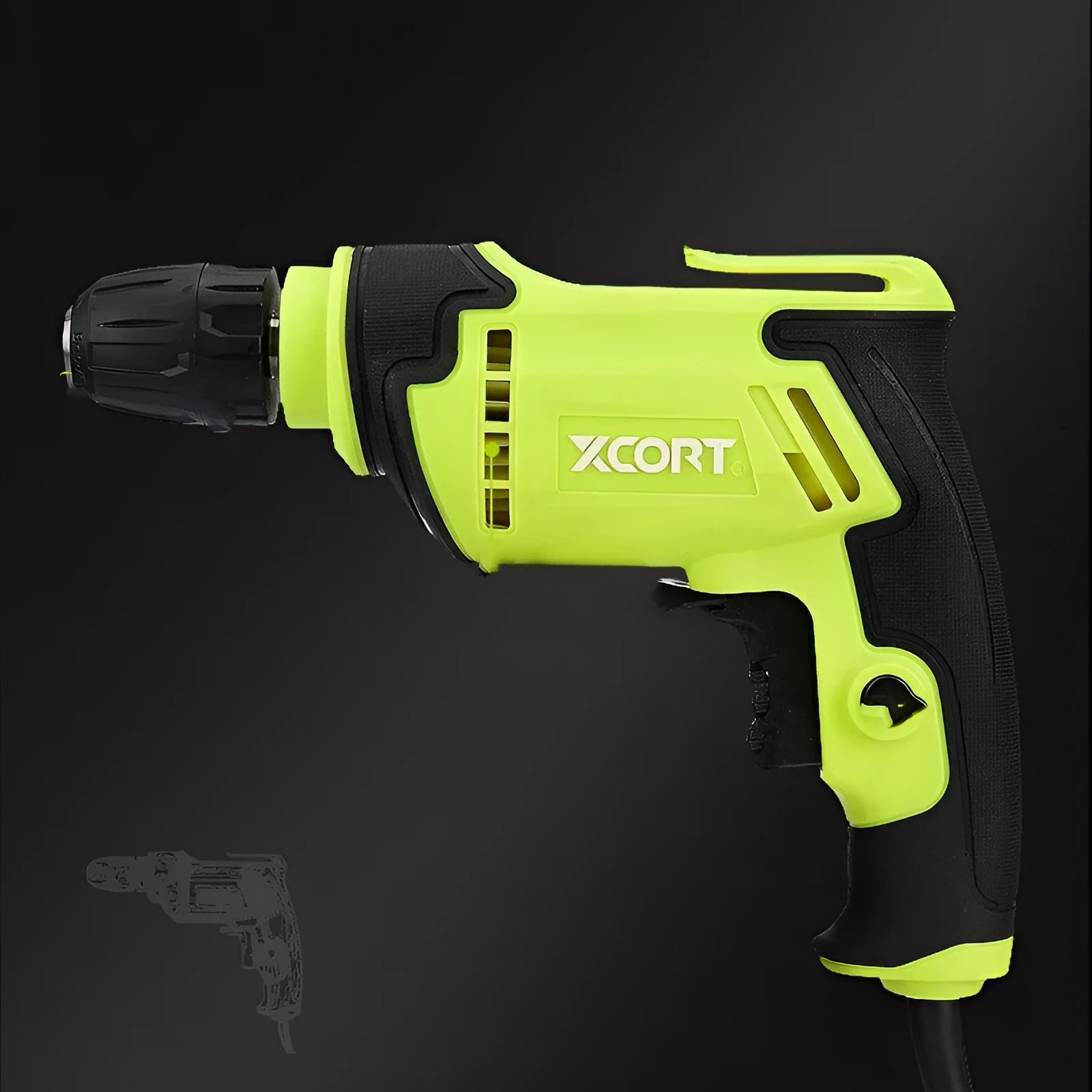 Pistol-grip high-speed 450W electric drill with a black and silver body and keyless chuck.