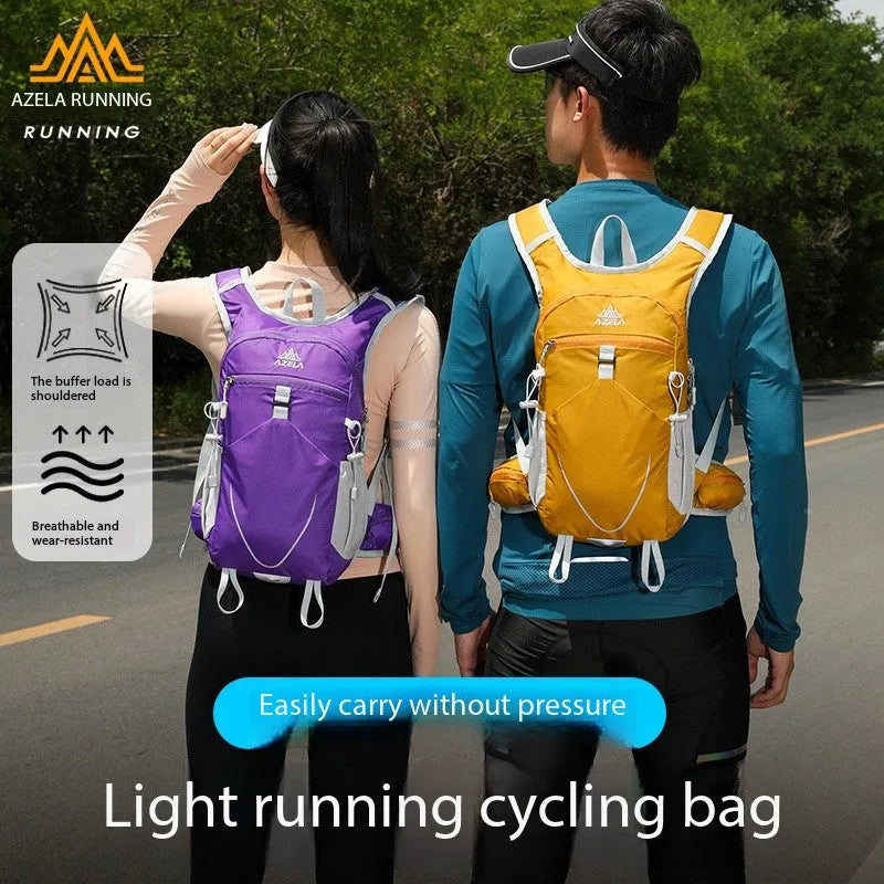 AZELA lightweight breathable mesh hydration backpack for trail running and hiking in dark yellow angle view
