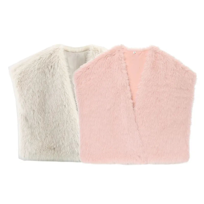 Faux fur effect vest for women in beige, v-neck, regular sleeve, soft texture