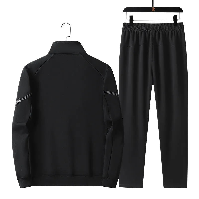 Men's black knit cotton plus size tracksuit set with jacket and trousers for spring autumn wear