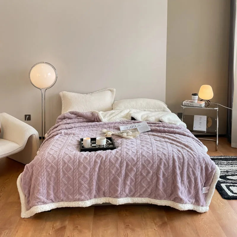 Double bed winter thermal flannel blanket in beige colour showing thickened texture and modern simplicity design