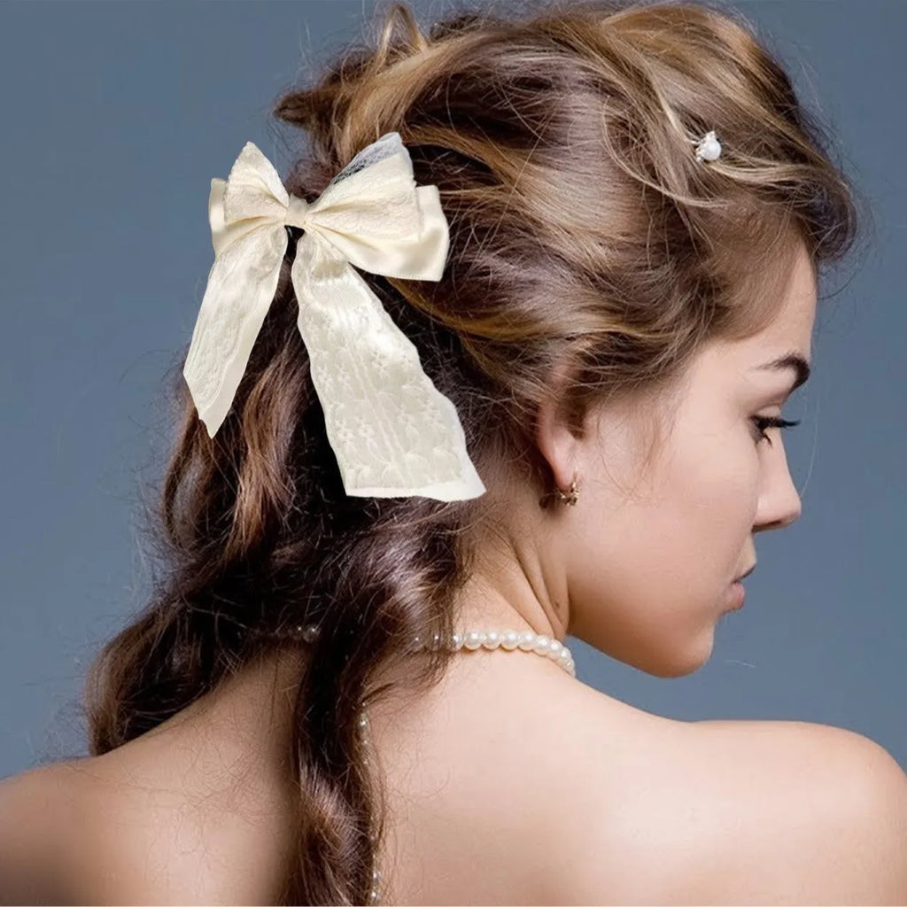 Double layer lace and velvet ribbon bowknot hair band in high elasticity style