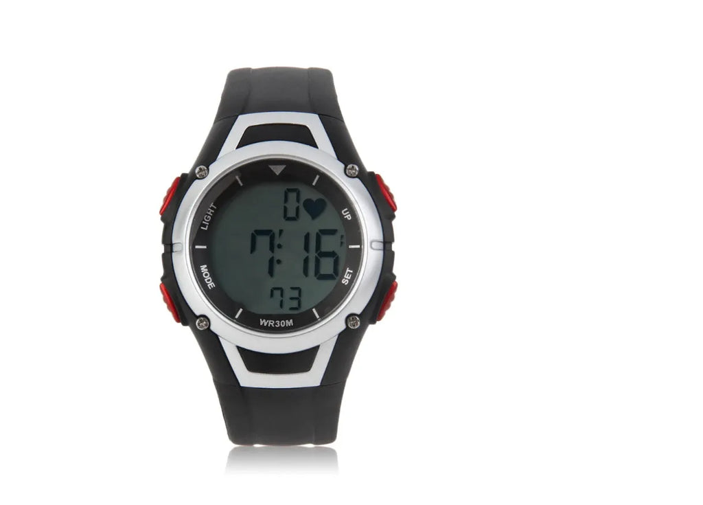 Black heart rate monitor watch with rubber strap and round dial, waterproof to 3 metres with chest strap