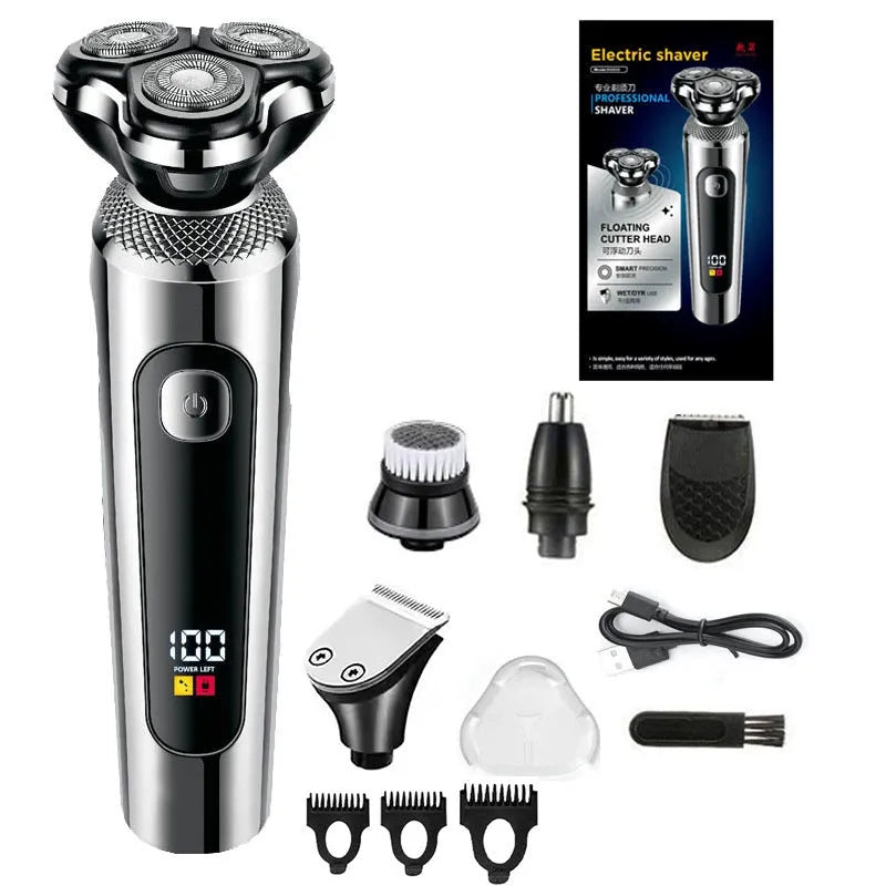 Digital display USB rechargeable beard scraper with a fully washable black body and floating cutter head.