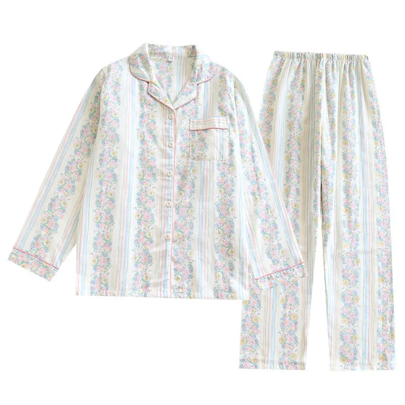 Ladies cotton gauze long sleeve top and trousers homewear set in colour stripes pattern