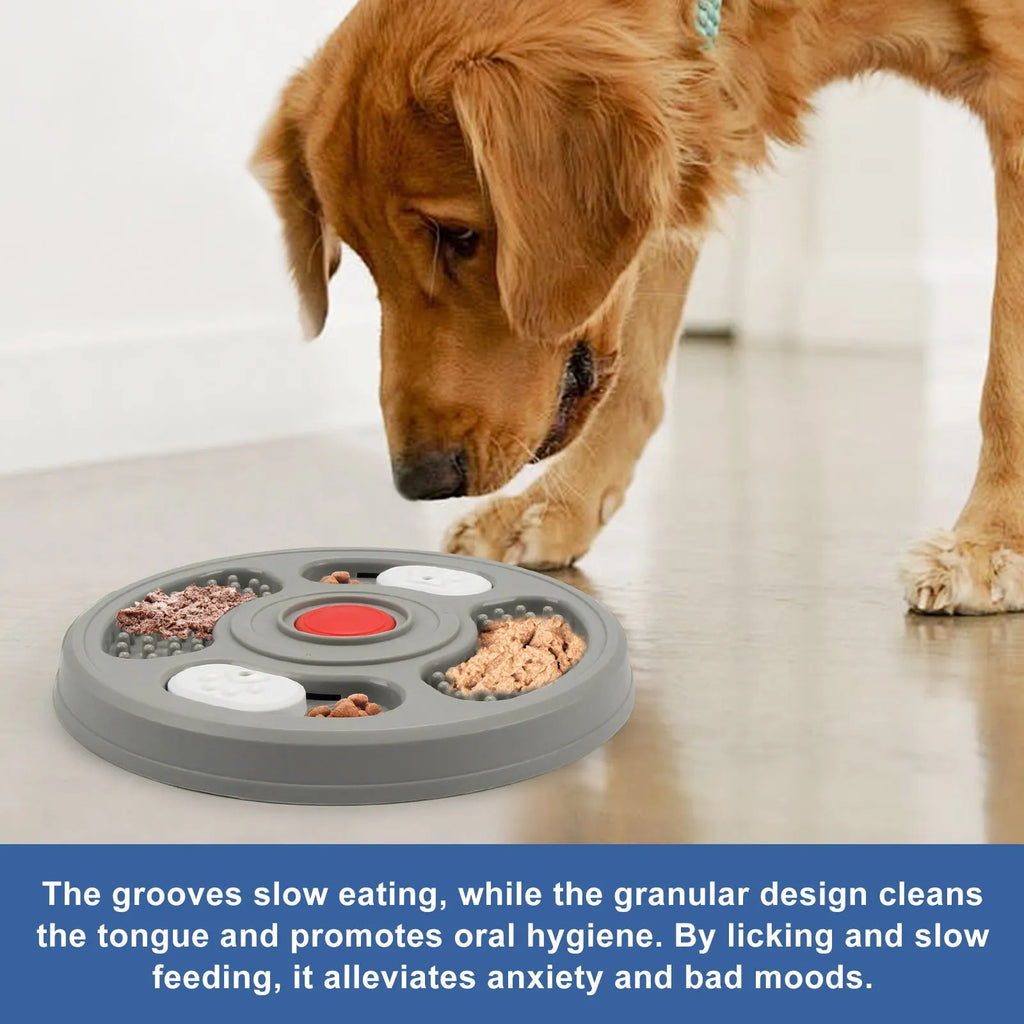 Blue and grey pet slow feeder bowl with anti-slip pads and textured eating surface