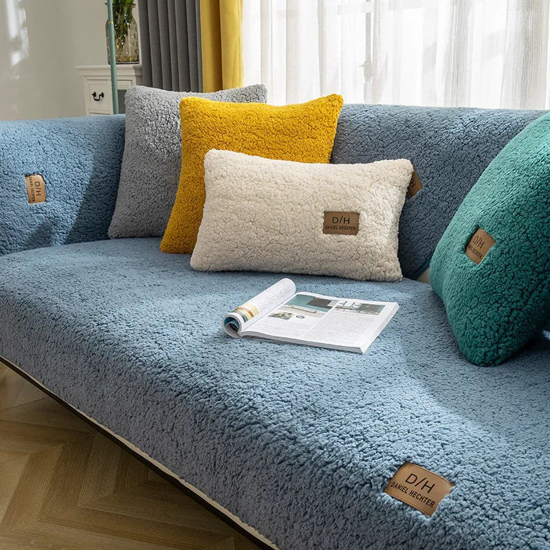 LELLEN beige plush sofa cover with anti-slip silicon rubber backing on a modern grey sofa