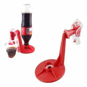 Red plastic Magic Tap soda drink dispenser attached to an inverted 2-litre bottle.