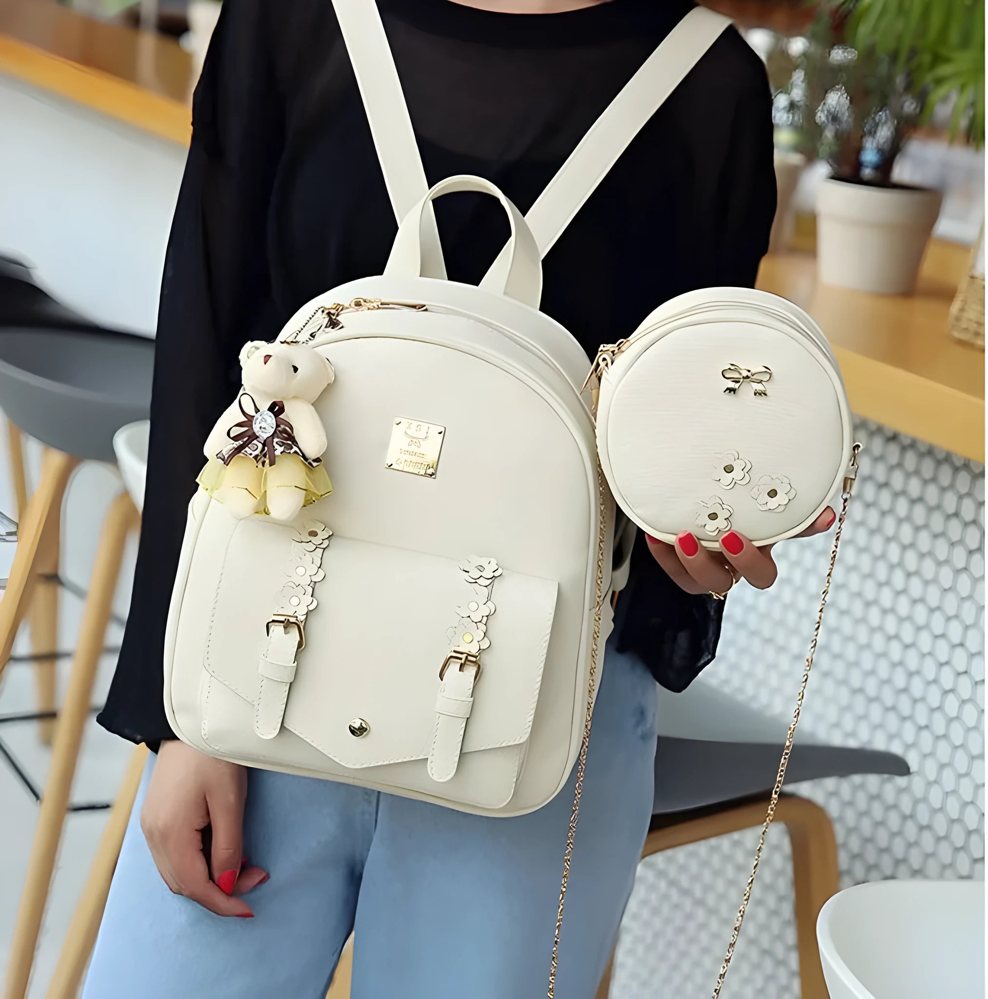 Women's 3-piece matching bag set showing backpack, crossbody shoulder bag, and flat card holder in PU leather.